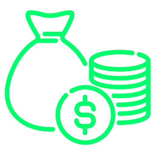Green icon with a money bag, stack of coins, and a coin with a dollar sign, representing the Advanced package for Global Outsourced Financial Services.